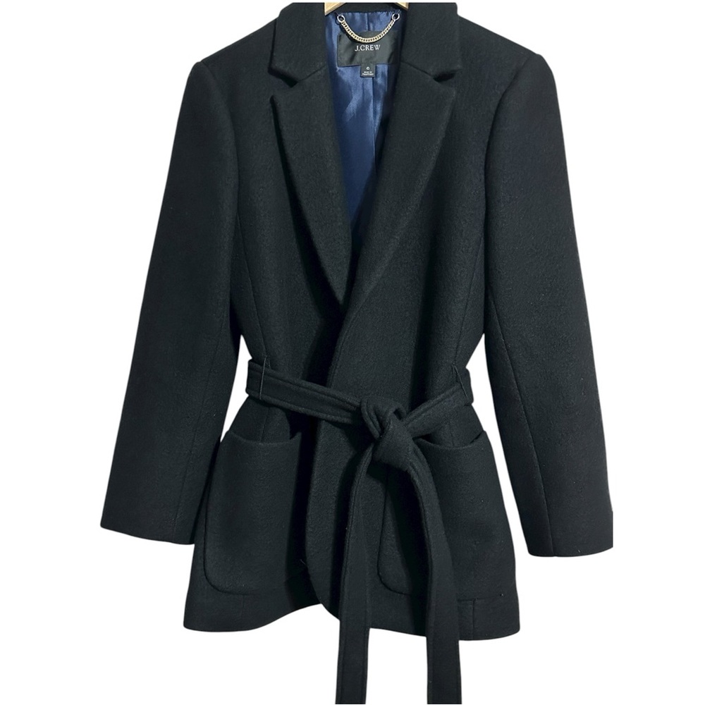 J Crew Wrap Belt Blazer Jacket Coat in Black Italian Blanket Wool with Pockets - Picture 12 of 14